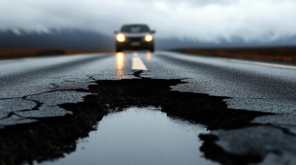 Side view of a vehicle on a damaged road showing a deep pothole in cracked asphalt, emphasizing hazardous driving conditions amidst a gloomy landscape.