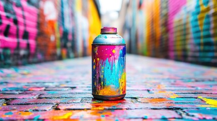 A vibrant spray paint can on a colorful cobblestone alley adorned with vivid paint splatters and striking graffiti murals lining the walls.