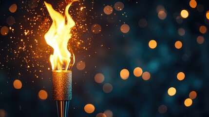 Bright torch flame illuminating the darkness with sparkles and blurred lights, symbolizing triumph; ideal for sports victory banners or personalized cards.