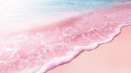 Serene tropical beach scene featuring gentle pink sands meeting crystal clear lavender waters, perfect for summer travel promotions and advertisements.