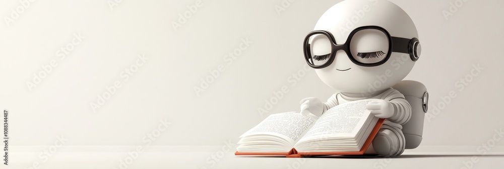 Poster a cute robot character reading a book with glasses, conveying a sense of curiosity and learning.