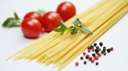 Above view of uncooked spaghetti surrounded by fresh cherry tomatoes, colorful peppercorns, and green herbs on a soft white backdrop, creating an inviting culinary scene.