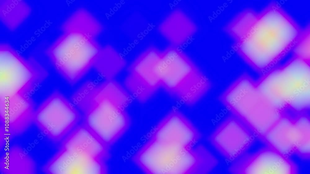 Poster a blue background with many squares of different sizes. the squares are purple and white. the square