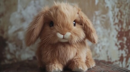 Charming brown plush rabbit toy with long, soft fur and expressive eyes, sitting adorably against a rustic background, perfect for children and collectors alike.