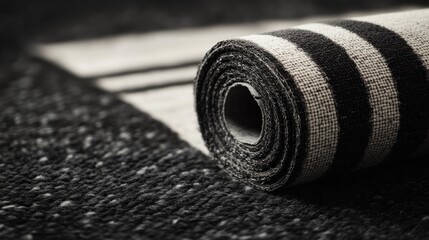 Naklejka premium Vintage black and white filmstrip-style carpet rolled up, featuring bold striped pattern and intricate texture, creating a unique artistic appearance.