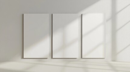 Three blank vertical rectangle mockup panels casting subtle shadows on a neutral light grey background, offering space for text or design elements.
