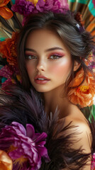 Fototapeta premium a young woman with long hair and feather accessories on her shoulders. bright makeup. in a studio with lighting, and it is a full-length. The background a colorful flower pattern