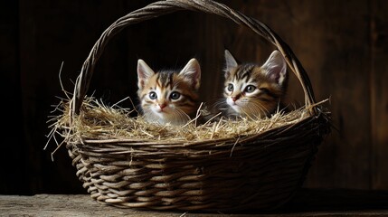 Two adorable kittens snuggled together in a rustic basket filled with straw, exuding a serene and cozy atmosphere.
