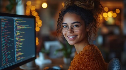 a smiling ethnically ambiguous female website coder, wearing business casual clothing, working at a desktop computer, with coding on the screen, in a home office with minimal clutter