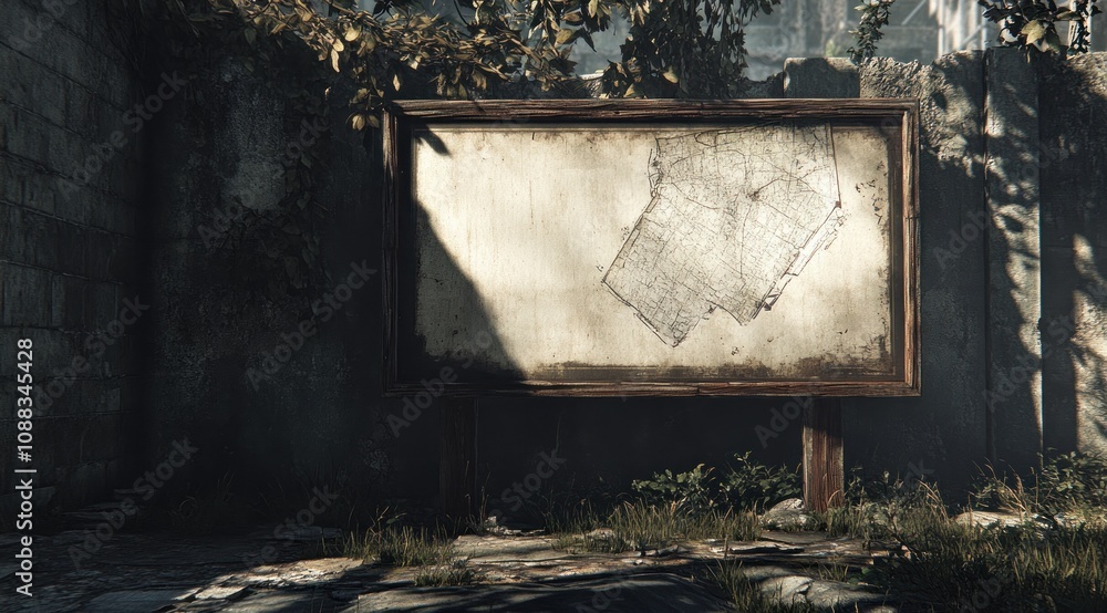 Poster a weathered billboard stands in an overgrown area, displaying a faded map or plan.
