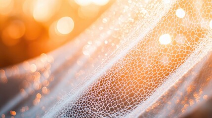 Delicate white netting glistening in sunlight against a softly blurred warm orange bokeh backdrop, creating an ethereal and inviting atmosphere.