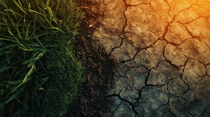 Contrasting textures of dry cracked soil and vibrant green grass under a sunset, symbolizing land restoration, drought resilience, and the fight against desertification.