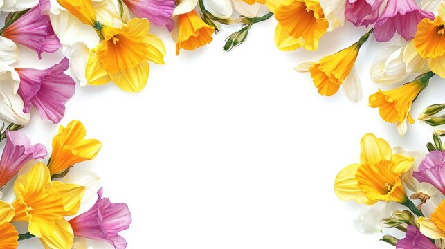 Vibrant floral border featuring bright yellow daffodils and delicate pink freesias against a crisp white background, perfect for invitations or stationery.