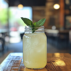 A clear mason jar filled with lemonade and garnished with a mint leaf