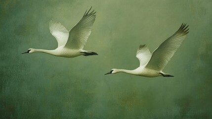Two elegant white birds in flight gracefully gliding through a soft green background, showcasing their wings fully extended.