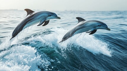 Naklejka premium Aerial view of playful dolphins gracefully leaping above frothy ocean waves, highlighting the dynamic beauty of marine life and the vibrant essence of the sea.