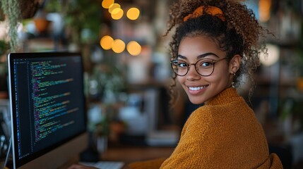 a smiling ethnically ambiguous female website coder, wearing business casual clothing, working at a desktop computer, with coding on the screen, in a home office with minimal clutter