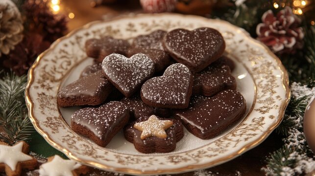 Platter of decorated gingerbread cookies in heart and star shapes with chocolate glaze and powdered sugar, surrounded by Christmas foliage and ornaments - Powered by Adobe