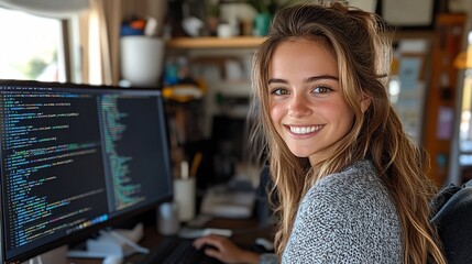 a smiling ethnically ambiguous female website coder, wearing business casual clothing, working at a desktop computer, with coding on the screen, in a home office with minimal clutter