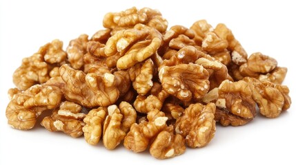Fototapeta premium Freshly shelled walnuts arranged beautifully on a pristine white background, highlighting their rich, golden-brown color and textured surfaces.