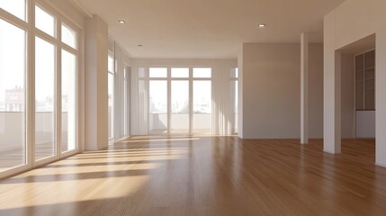 Obraz premium Spacious bright room with wooden flooring, large windows, and soft natural light illuminating the minimalist interior design.