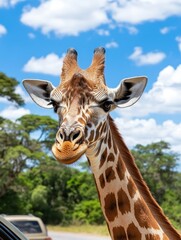 Fototapeta premium Giraffe encounter safari park wildlife photography natural habitat close-up view animal behavior insights