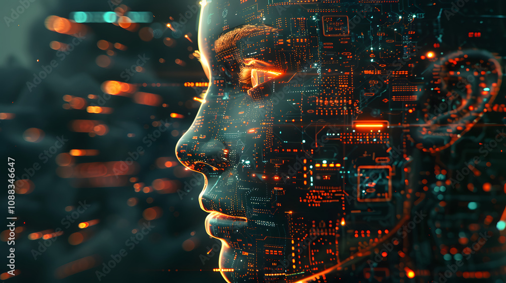 Poster face head ai technology, plexus and science, abstract futuristic universe cyber network server onlin