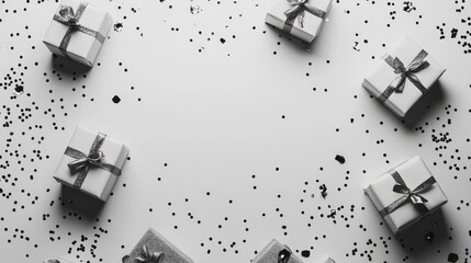 Monochrome gift boxes with ribbons and scattered confetti on a white background, arranged in a circular layout for customizable celebration text.