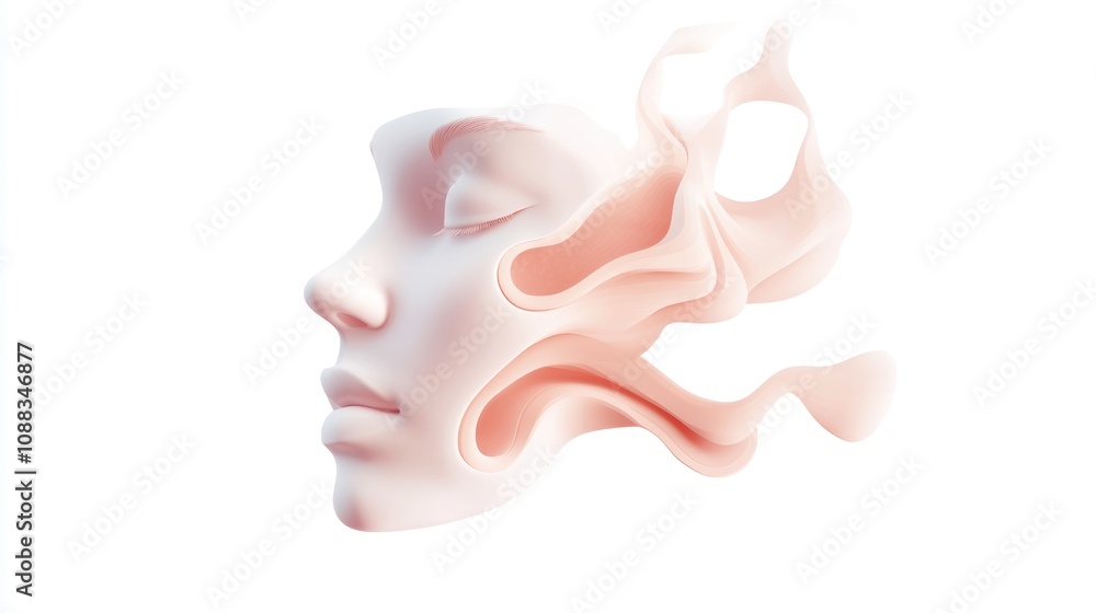 Poster abstract representation of a serene face merging with flowing shapes.