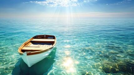 Naklejka premium A serene boat gently floating on crystal-clear turquoise water, bathed in warm sunlight, reflecting vibrant sparkles on the surface, surrounded by a tranquil ocean landscape.