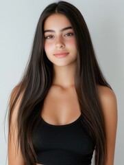 Fototapeta premium Portrait of a young woman indoor studio photography minimalistic setting natural lighting beauty concept