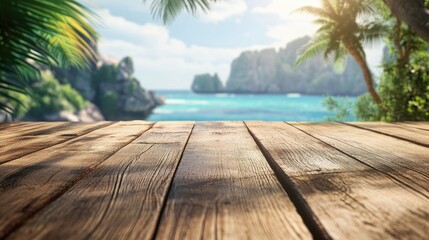 Sunlit empty wooden planks in the foreground, framed by lush greenery, with a blurred beach and turquoise ocean scene in the background.