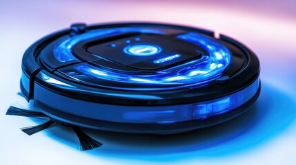 Sleek smart autonomous robot vacuum cleaner featuring blue LED lights, on a minimalistic white background with a round design and side brush.