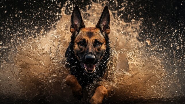 Dynamic German Shepherd Dog Powerfully Splashing Through Water, Capturing the Intensity of a K9 in Action During Training Session - Powered by Adobe