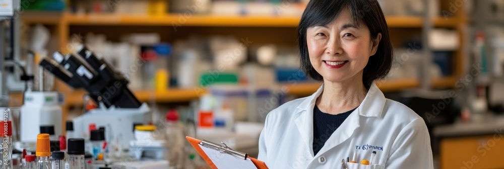 Poster A scientist in a lab coat smiles while holding a clipboard in a laboratory setting.