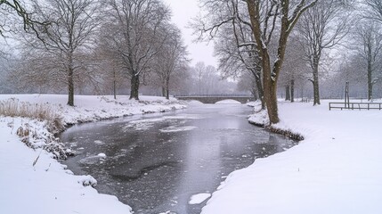 Winter landscape with snow-blanketed trees lining a tranquil frozen river, creating a serene and picturesque snowy scene.