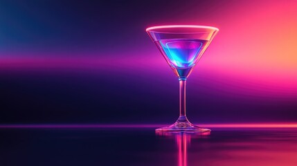 Vibrant neon cocktail in a sleek glass, illuminated with striking blue and pink hues against a gradient background.