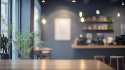 Contemporary workspace with blurred gray walls, greenery in pots, decorative shelves, warm lighting, and a modern aesthetic.