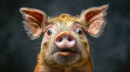 Fototapeta premium Astonished pig with wide, surprised eyes in a studio portrait, showcasing intricate details and a captivating expression on its face.