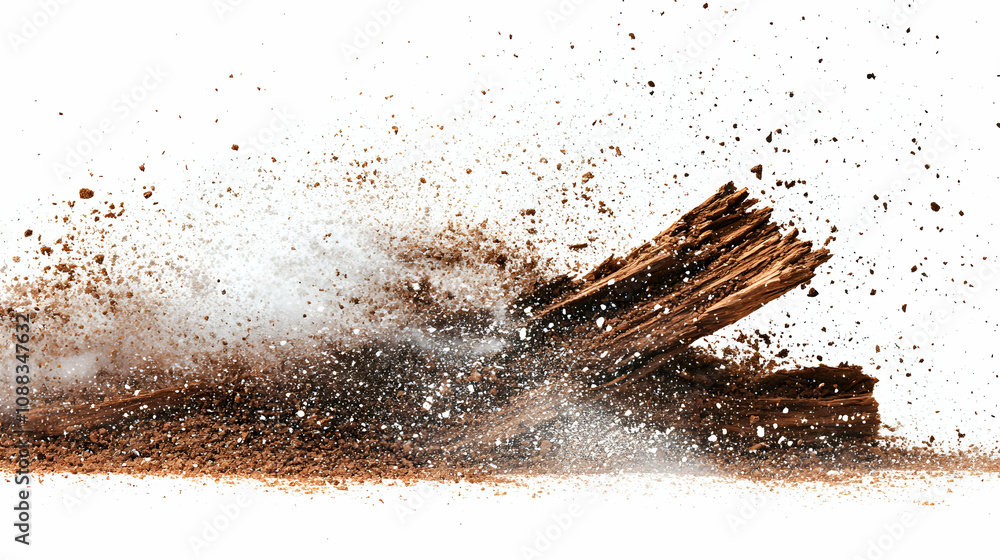 Poster a stunning high-resolution photograph of a brown substance exploding and scattering across a white b