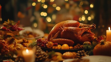 Thanksgiving feast showcasing a beautifully roasted turkey surrounded by seasonal decorations, fruits, and festive candlelight ambiance.