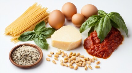 Fresh Italian pasta sauce ingredients including eggs, grated cheese, pine nuts, basil, herbs, and assorted pasta arranged aesthetically on a neutral background