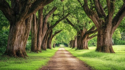 Serene pathway lined with majestic ancient trees and vibrant green foliage, inviting tranquility and exploration in a lush natural setting.