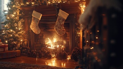 Cozy Christmas fireplace adorned with festive stockings and decorative pinecones, surrounded by twinkling lights and a warm, inviting glow.