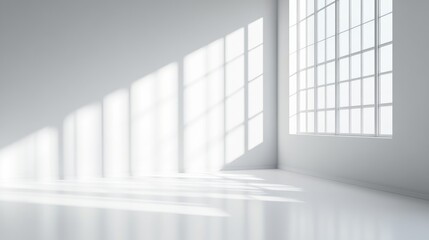 Obraz premium Bright and Airy Minimalist White Room with Large Windows Casting Soft Natural Light, Ideal for Creative Work and Mindfulness Activities