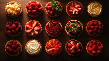 An array of beautifully crafted strawberry tarts displayed on a wooden surface, showcasing various toppings and intricate designs in a delightful arrangement.