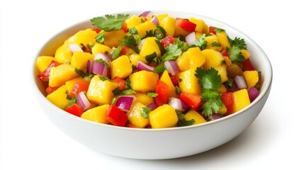 A bowl of vibrant mango salsa with diced mango, red bell pepper, red onion