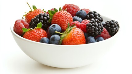 A bowl of vibrant mixed berries including strawberries, blueberries, raspberries