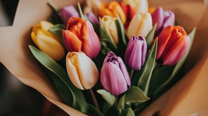 Vibrant bouquet of tulips in orange, pink, purple, red, and yellow shades, elegantly wrapped in brown kraft paper against a neutral backdrop.
