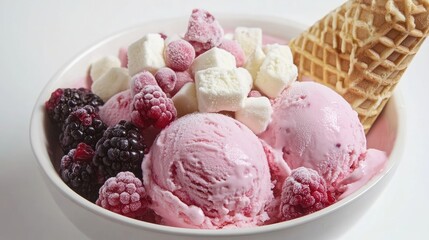 Creamy pink and vanilla ice cream in a bowl topped with fresh frozen berries, mini marshmallows, and a crispy waffle cone for added crunch.